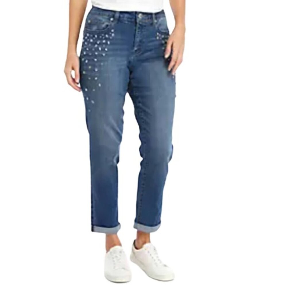 Crown & Ivy Blue Girlfriend Jeans Jewels Embellished Cotton Blend